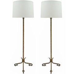 Pair of Spanish Gilt Iron Standing Lamps with Twist Standard