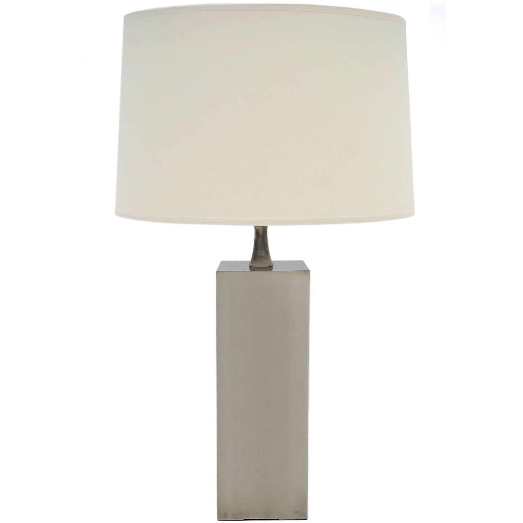 Midcentury Silver Metal Square Table Lamp by Maison Barbier, circa 1960s For Sale
