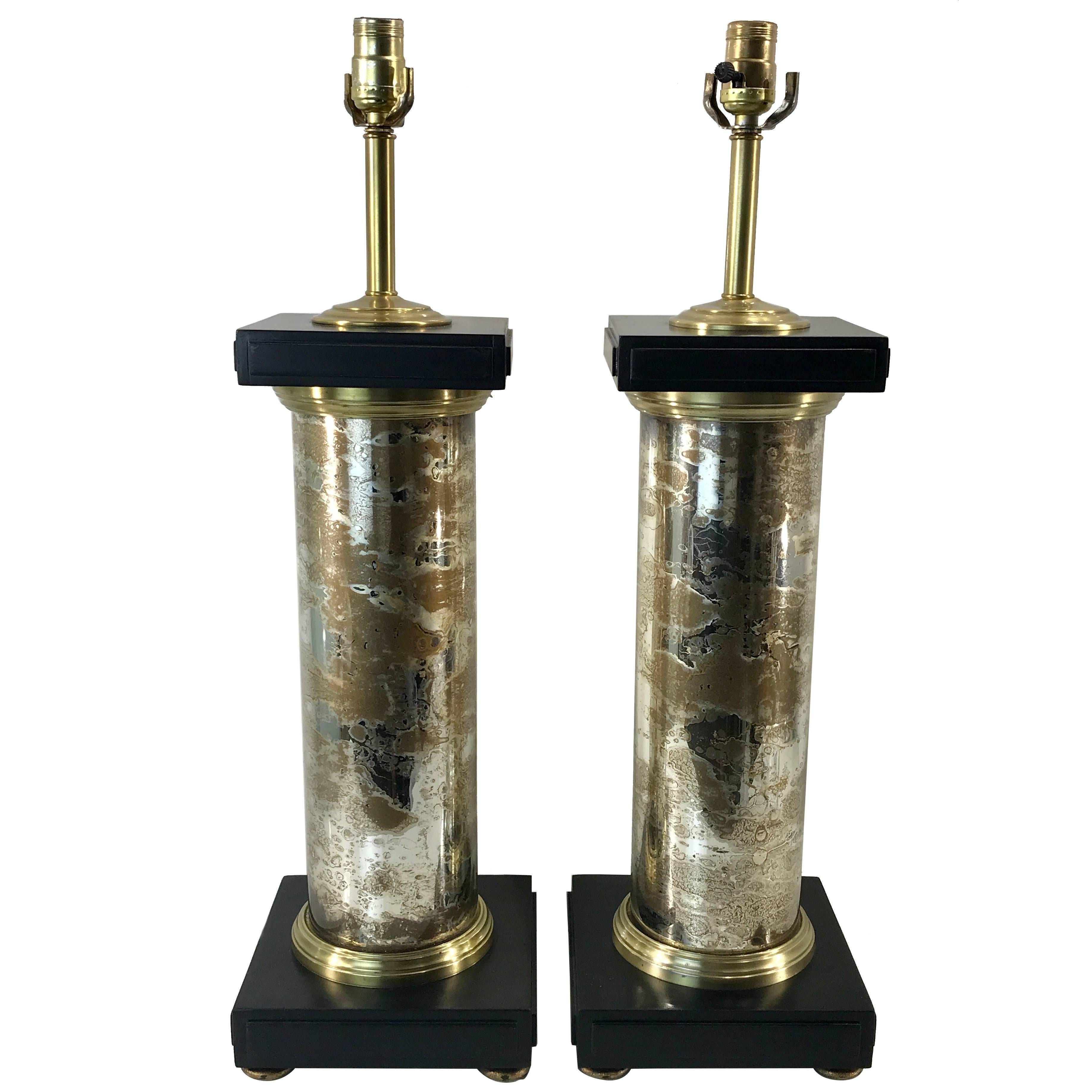 Large Pair of Mercury Glass Column Lamps