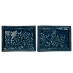 Antique Pair of Burmantofts Faience Bacchanalian Blue Tiles