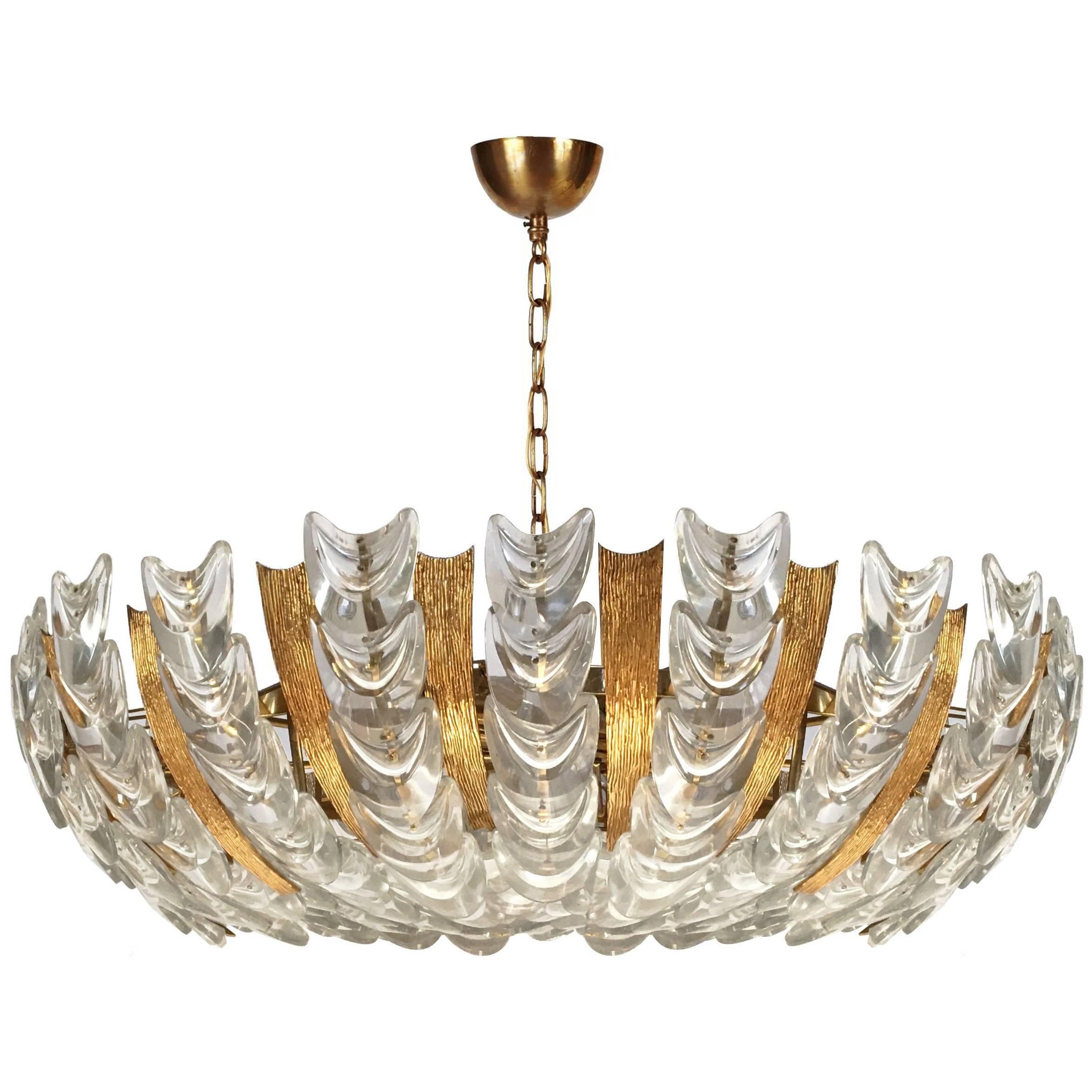 Austrian Gilt Textured Brass and Glass Chandelier For Sale