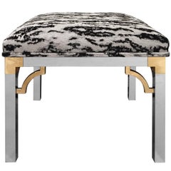 1970s Square Chrome & Brass Stool with Black & White Patterned Velvet Upholstery