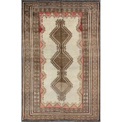 Geometric Vintage Persian Gabbeh Rug with Three Diamond Medallions in Brown, Red