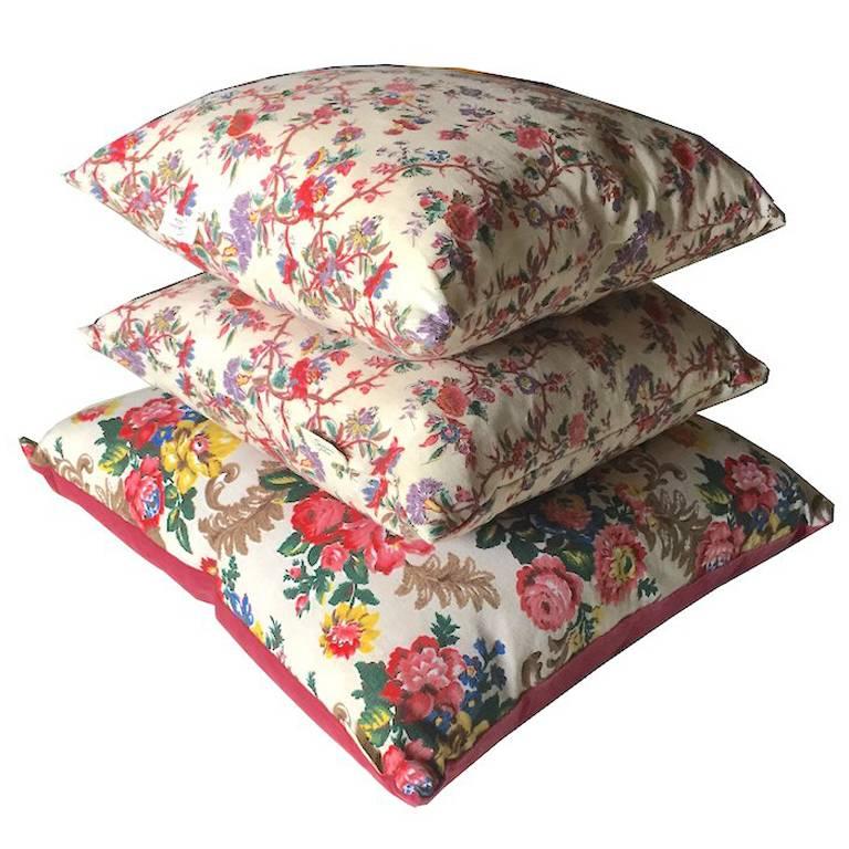 Cushion Collection in Vintage Floral Linens and Pink Velvet One-Off Design Piece For Sale