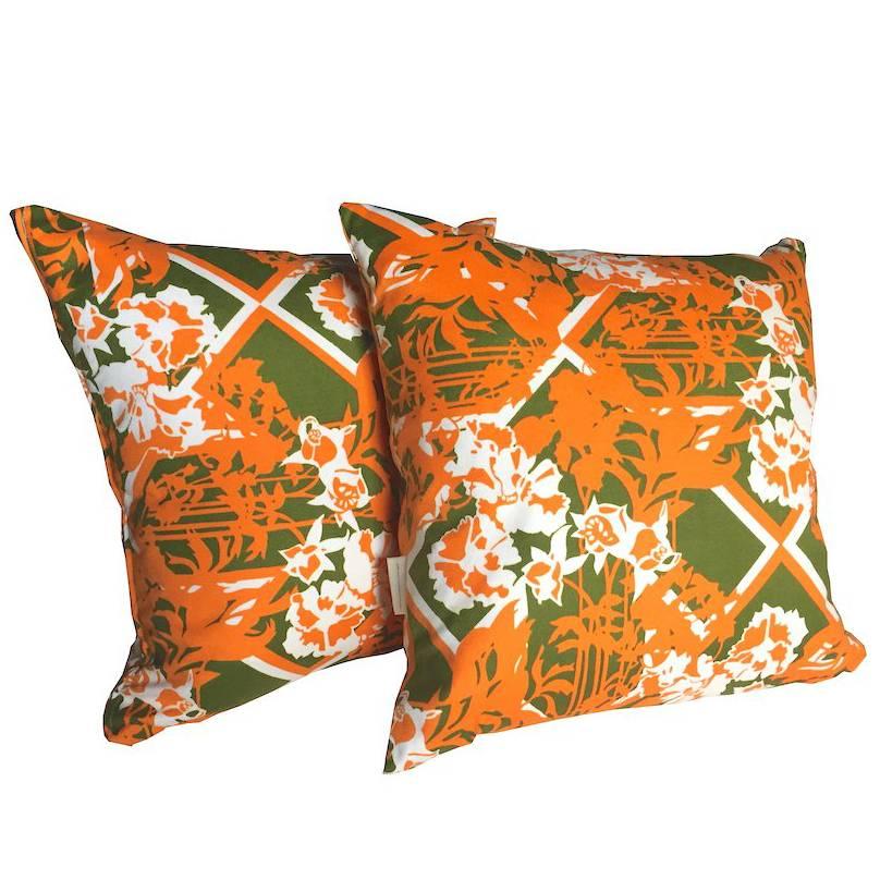 Vintage Fabric Cushions in Heals 'Summerhouse' Green White and Orange For Sale