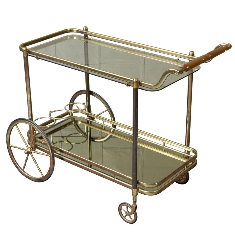French Brass Bar Cart with Glass Shelves For Sale at 1stDibs