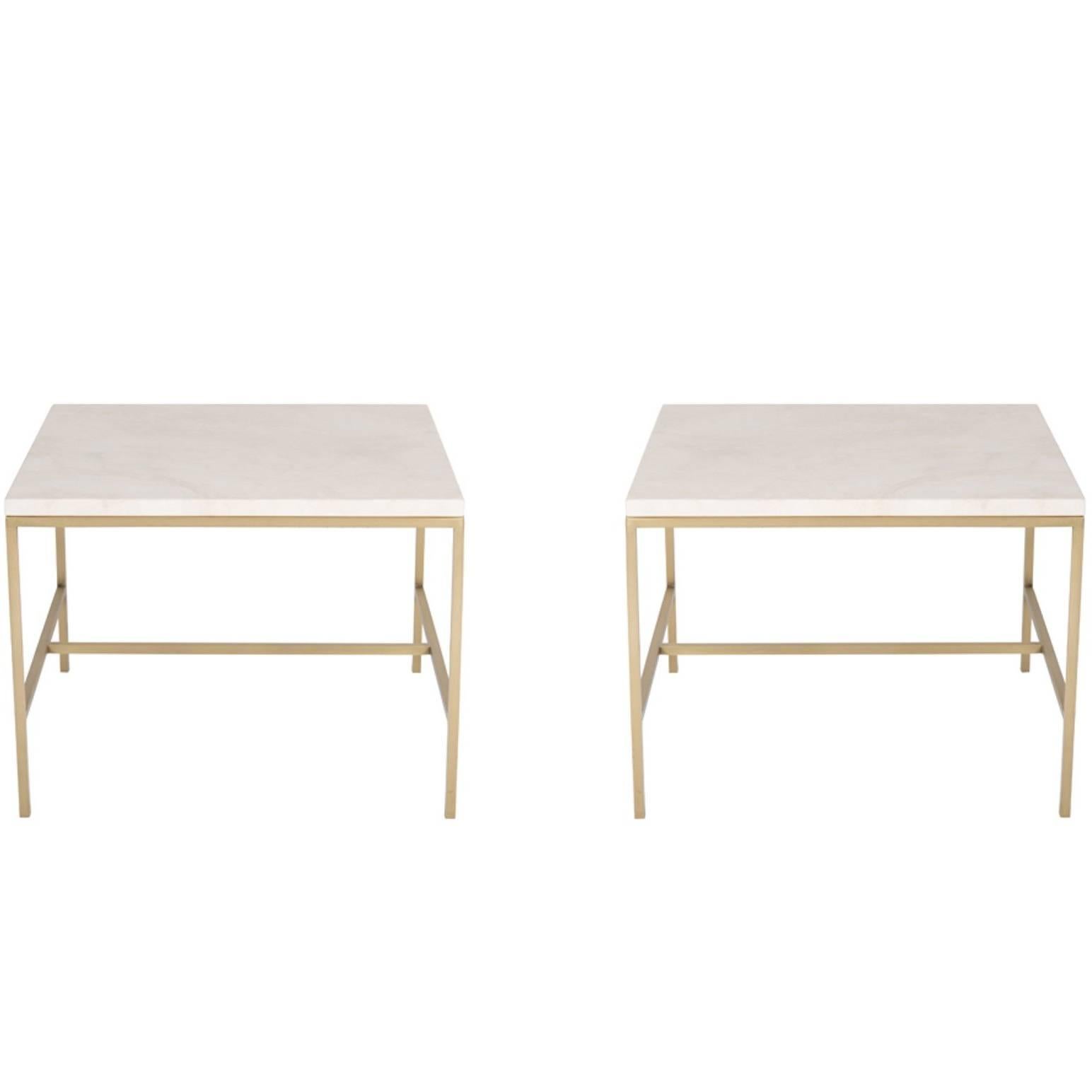 Pair of Hogue Travertine Top Side Tables For Sale