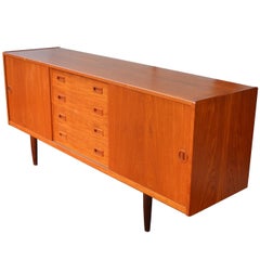 Teak Credenza or Buffet with Centre Drawers and Finished Back, Scandinavian