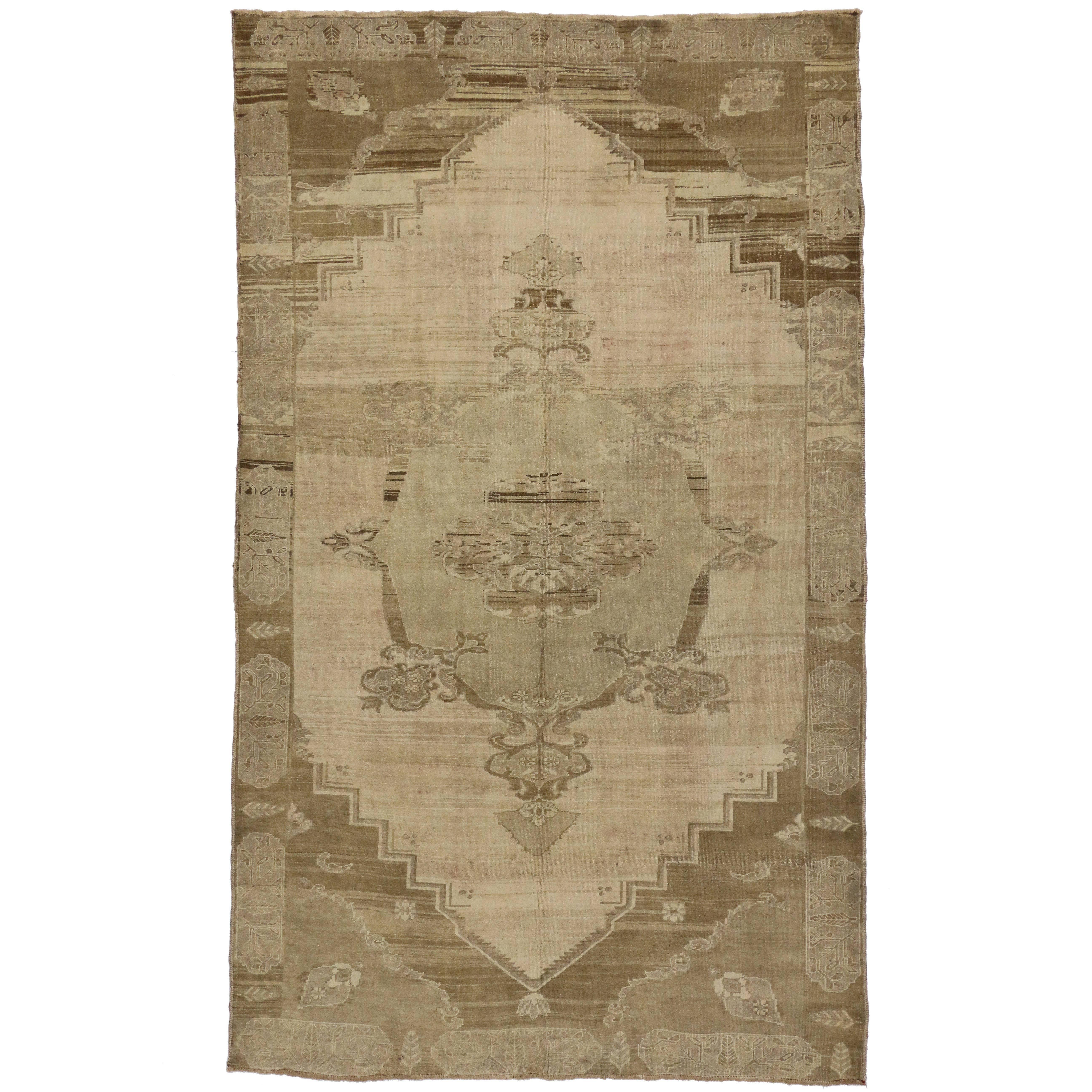 Vintage Turkish Oushak Rug with Warm, Neutral Colors and Modern Style For Sale