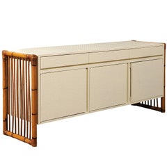 Exceptional Restored Basketweave Raffia and Rattan Credenza, circa 1970