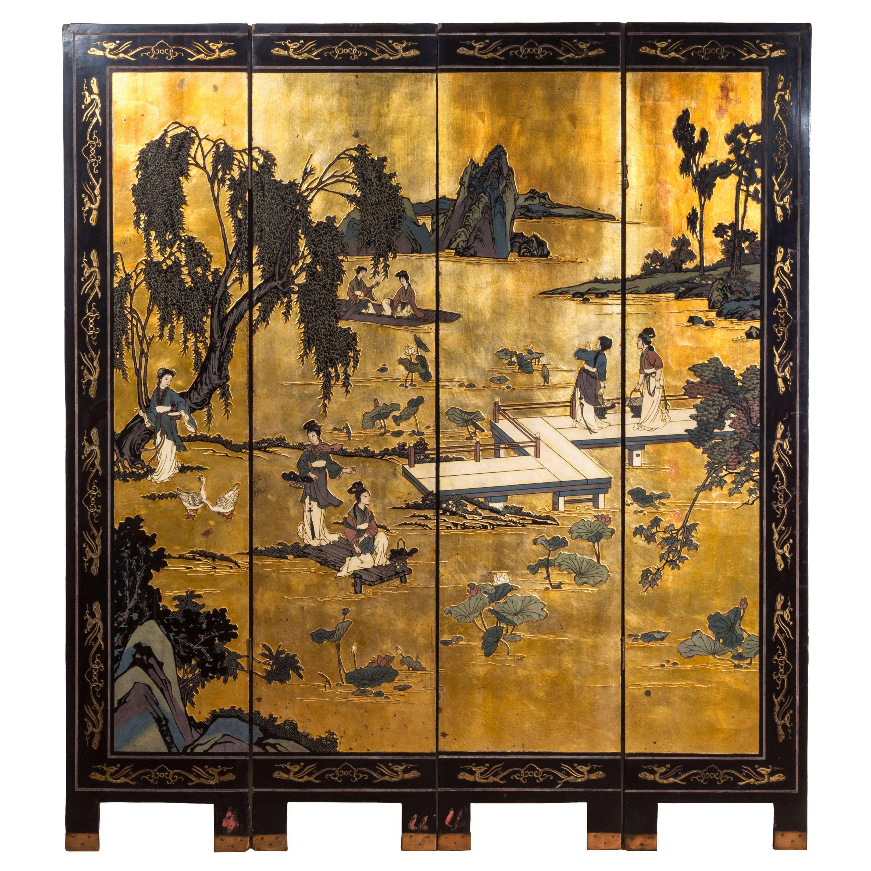 Antique Chinese 19th Century Black Lacquer Gilt Polychrome Four-Panel Screen