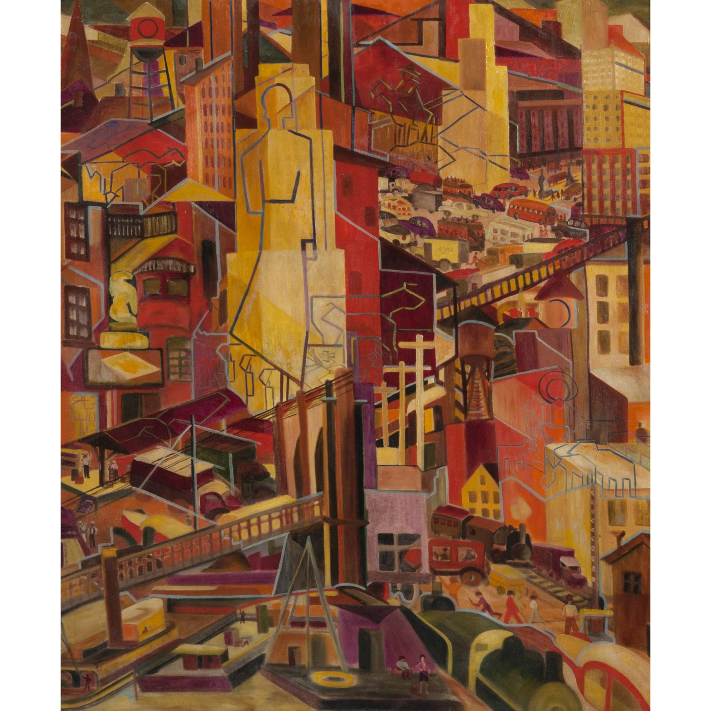 WPA Cubist City Scene Oil Painting Outsider Art