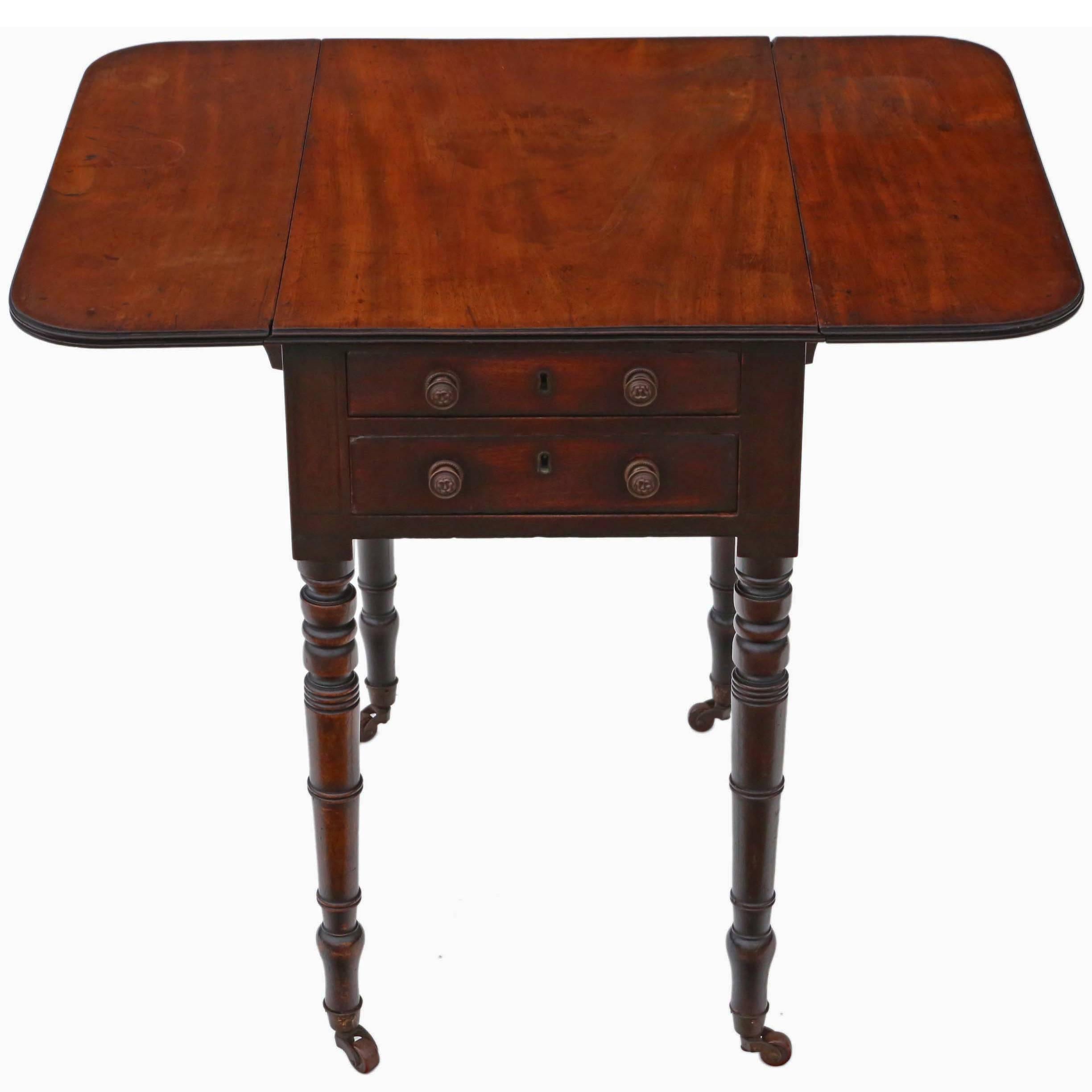 Antique Quality Regency circa 1825 Mahogany Two-Drawer Drop-Leaf Work Table For Sale