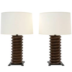 Pair of Antique Wine Press Twisted Wood Table Lamps on Iron Bases