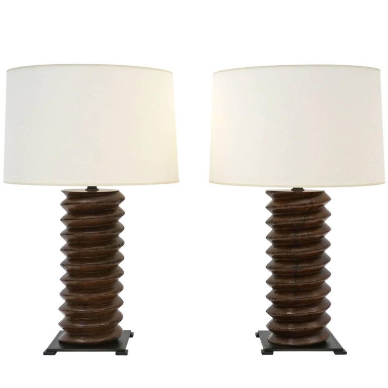 Pair Of Antique Wine Press Twisted Wood Table Lamps On Iron Bases Pair Of Antique Wine Press Twisted Wood Table Lamps On Iron Bases For
