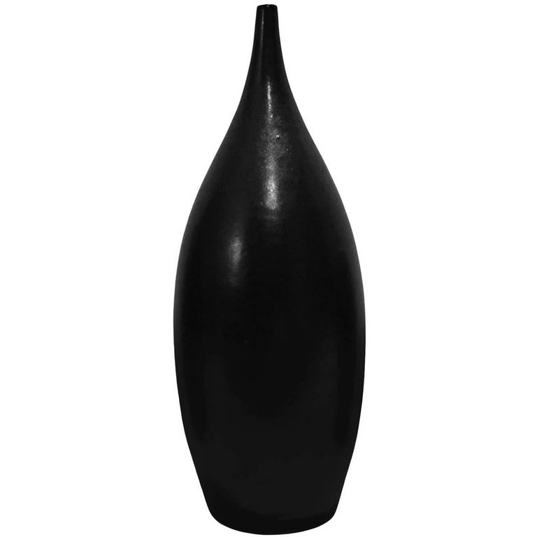 Medium Black Luster Ceramic Bottle Form Vase with Narrow Neck by Sandi