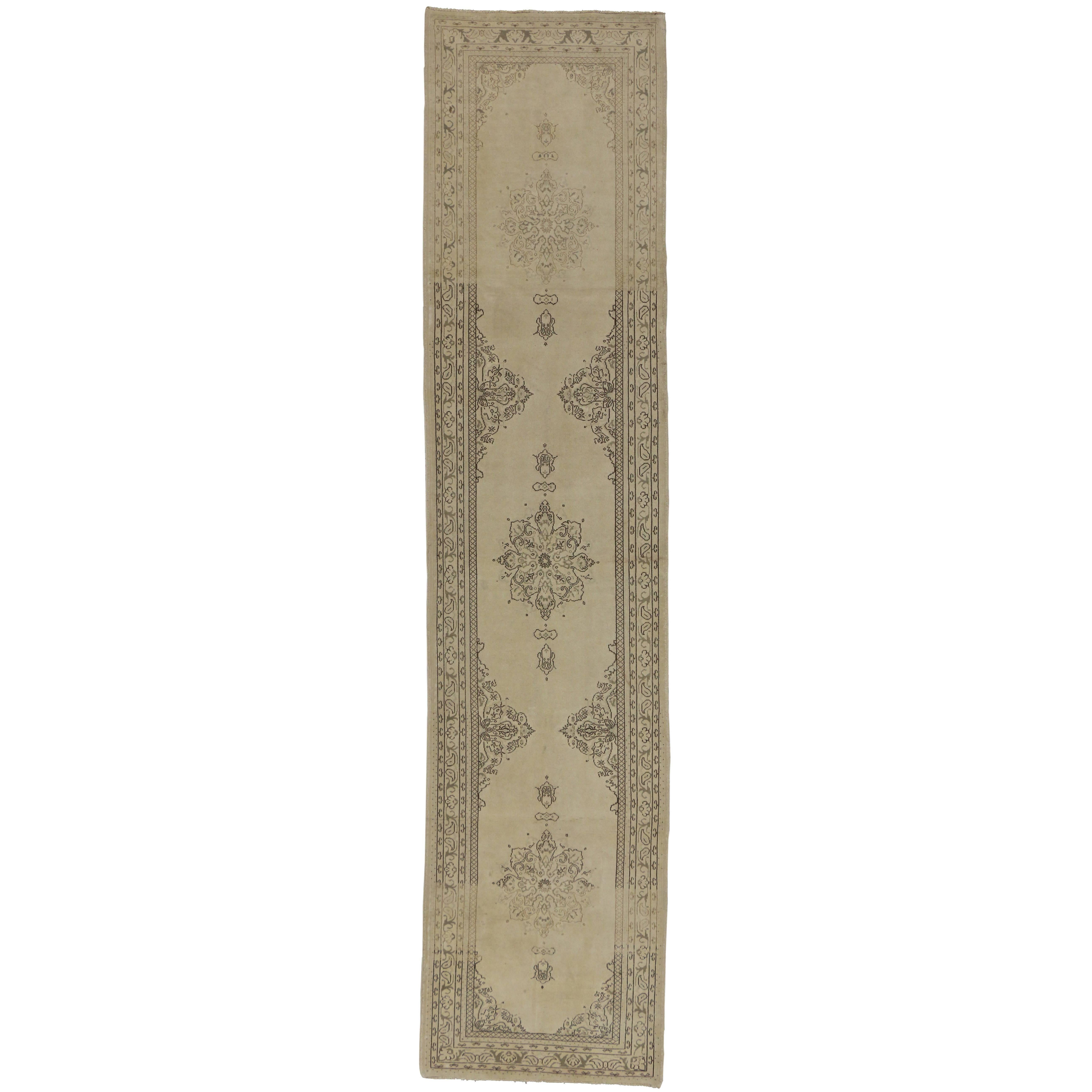 Vintage Turkish Oushak Runner with Swedish Shabby Chic Cottage Style For Sale