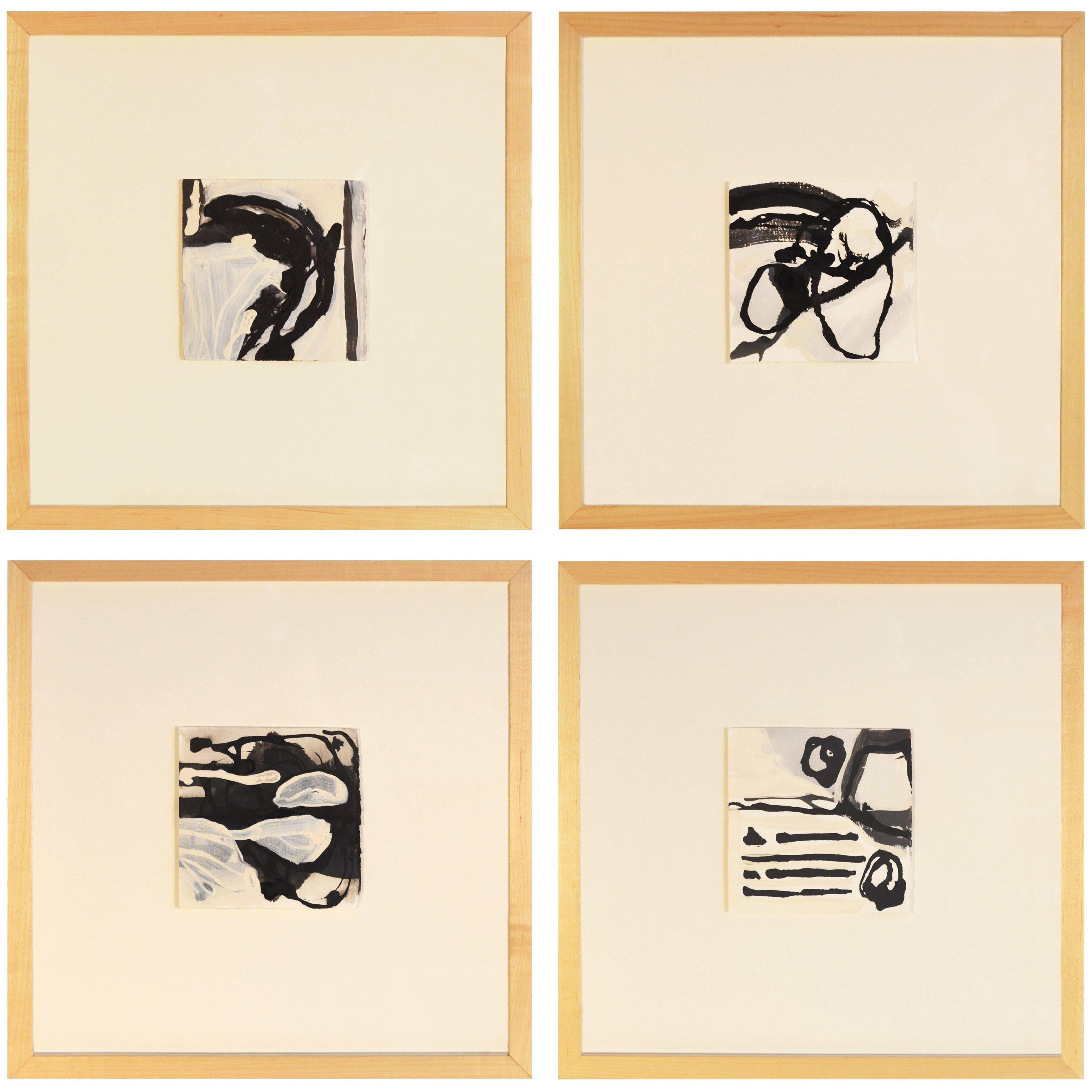 Handmade Contemporary Set of Four Framed Abstract India Ink Paintings on Paper