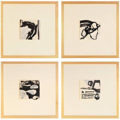 Handmade Contemporary Set of Four Framed Abstract India Ink Paintings on Paper