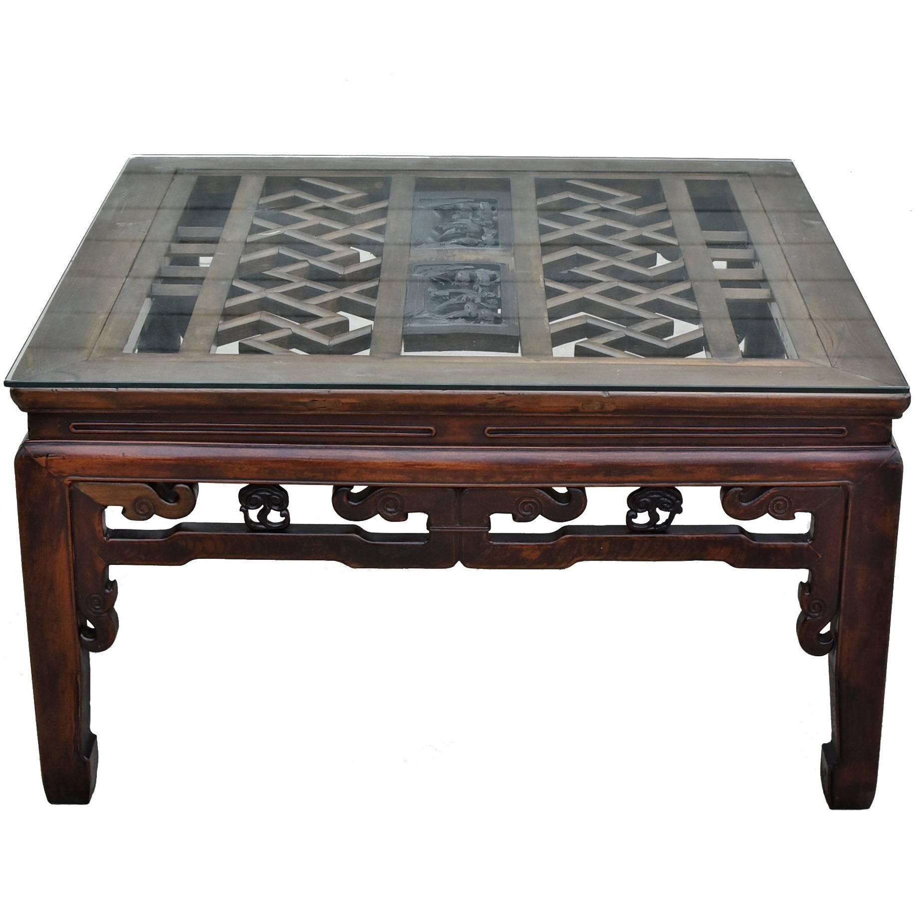 Square Asian Coffee Table with Antique Longevity Screen