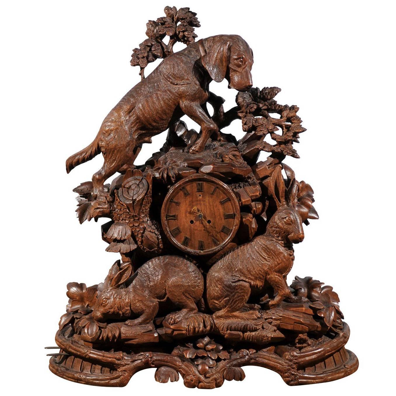 Black Forest Swiss Hand-Carved Wooden Musical Clock with Hound and Hare