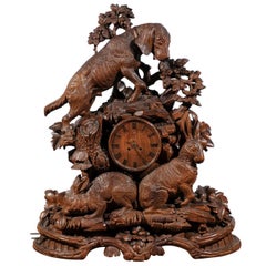 Antique Black Forest Swiss Hand-Carved Wooden Musical Clock with Hound and Hare