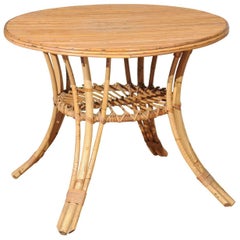 French Mid-Century Rattan Round Side Table with Lower Shelf and Splayed Legs