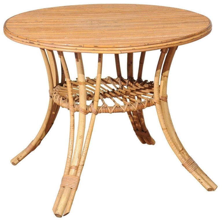 French MidCentury Rattan Round Side Table with Lower Shelf and Splayed