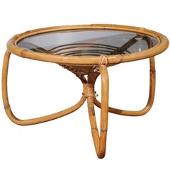 French 1970s Bamboo Drinks Table with Glass Top and Looped Legs