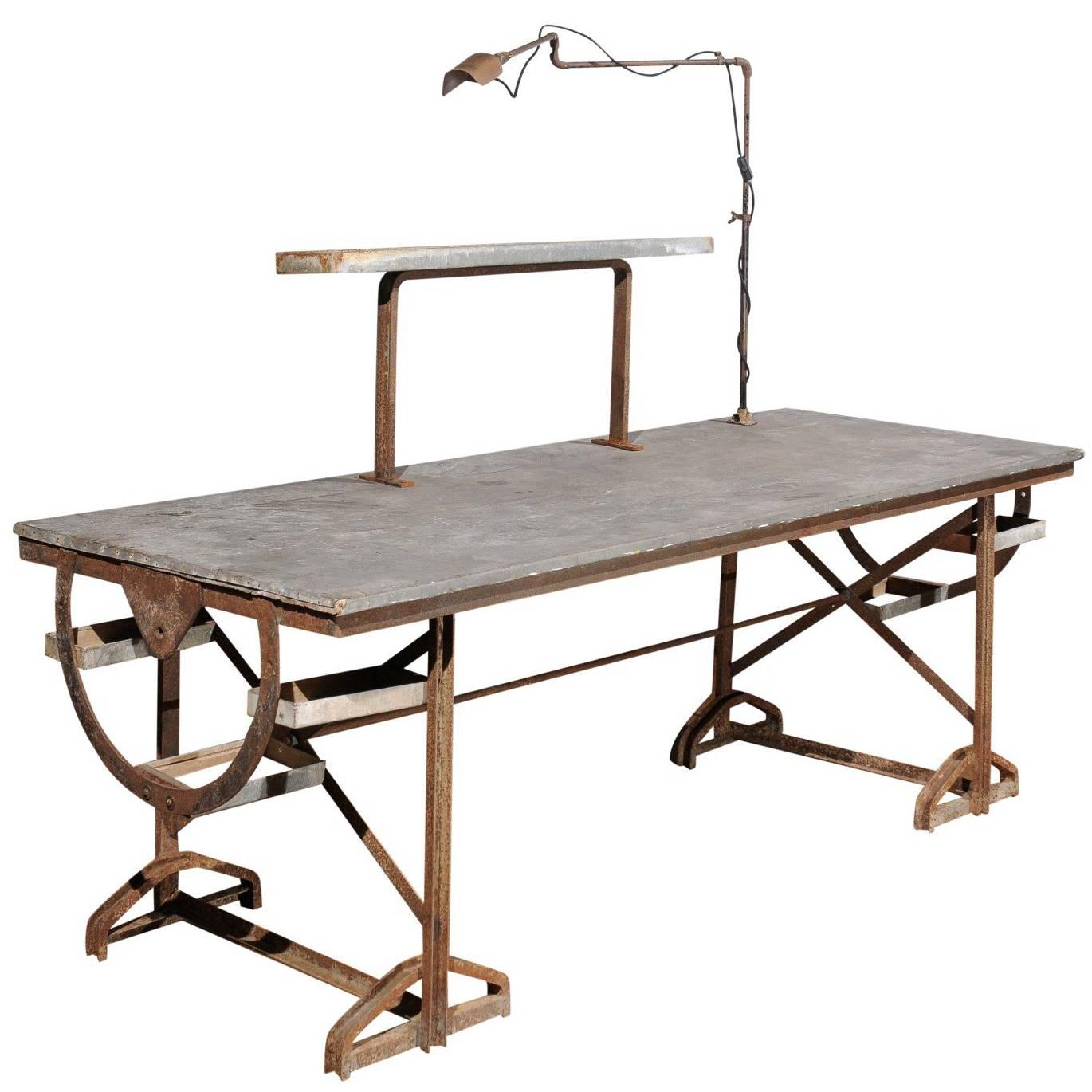 French 1890s Industrial Iron and Zinc Work Table with Shelves and Task Light