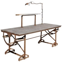 French 1890s Industrial Iron and Zinc Work Table with Shelves and Task Light