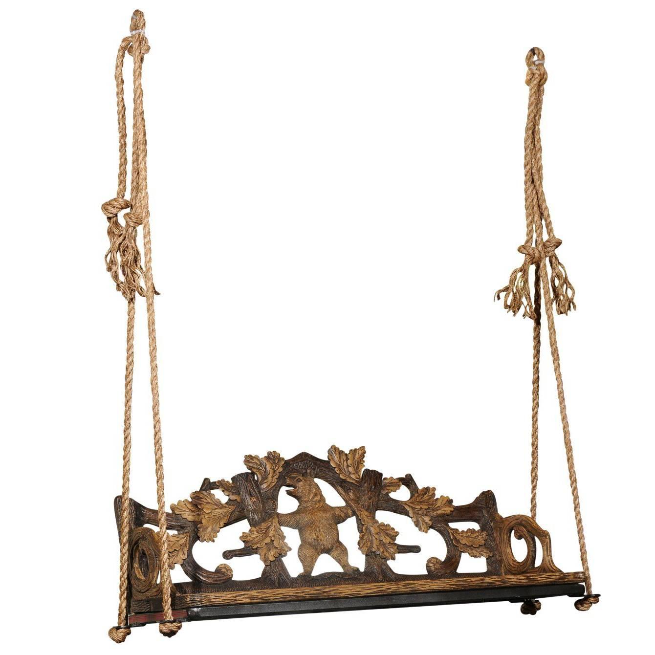 Black Forest 1890s Carved Bench with Bear Motif Made into a Swing, Switzerland