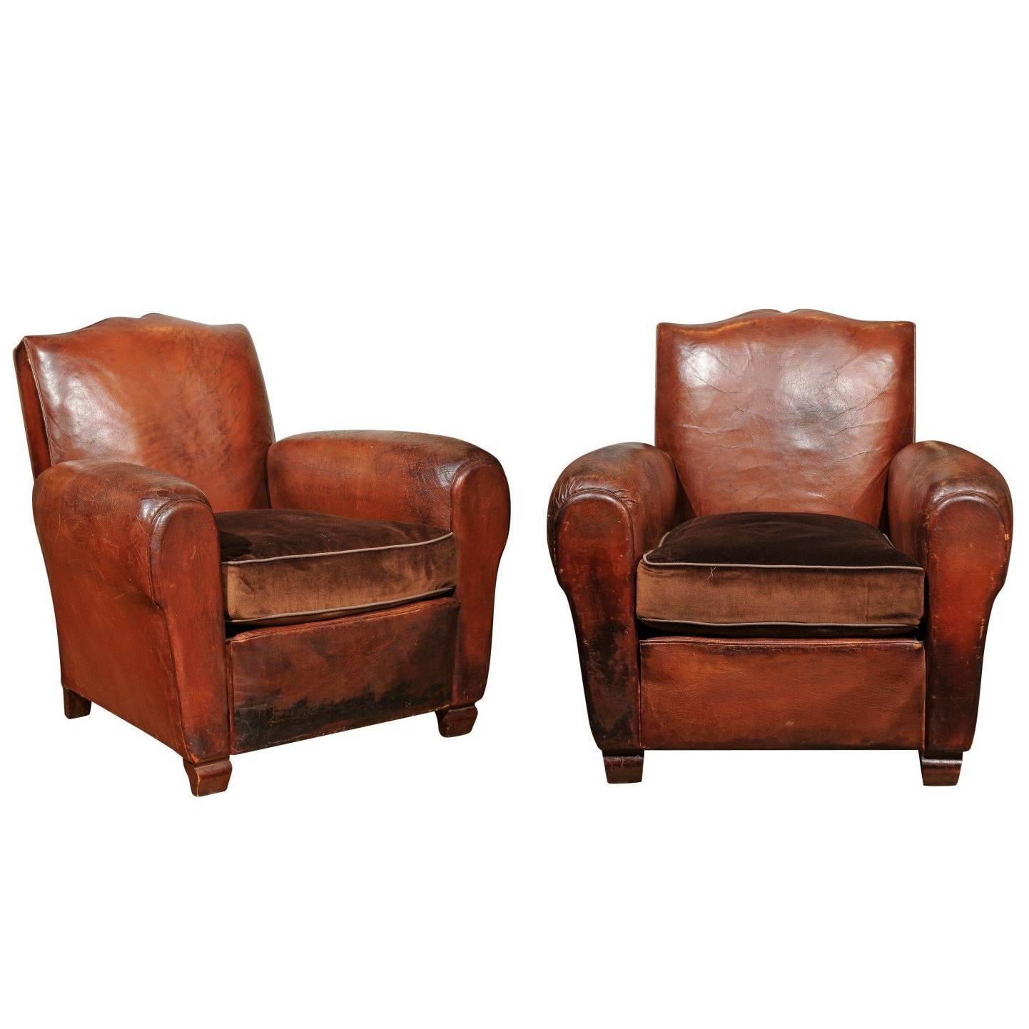 Pair of French Leather Club Chairs with Brown Velvet Seat Cushions, circa 1910 For Sale