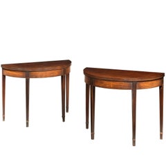 Pair of George III Period Mahogany Demilune Card Tables with Fine Line Inlay