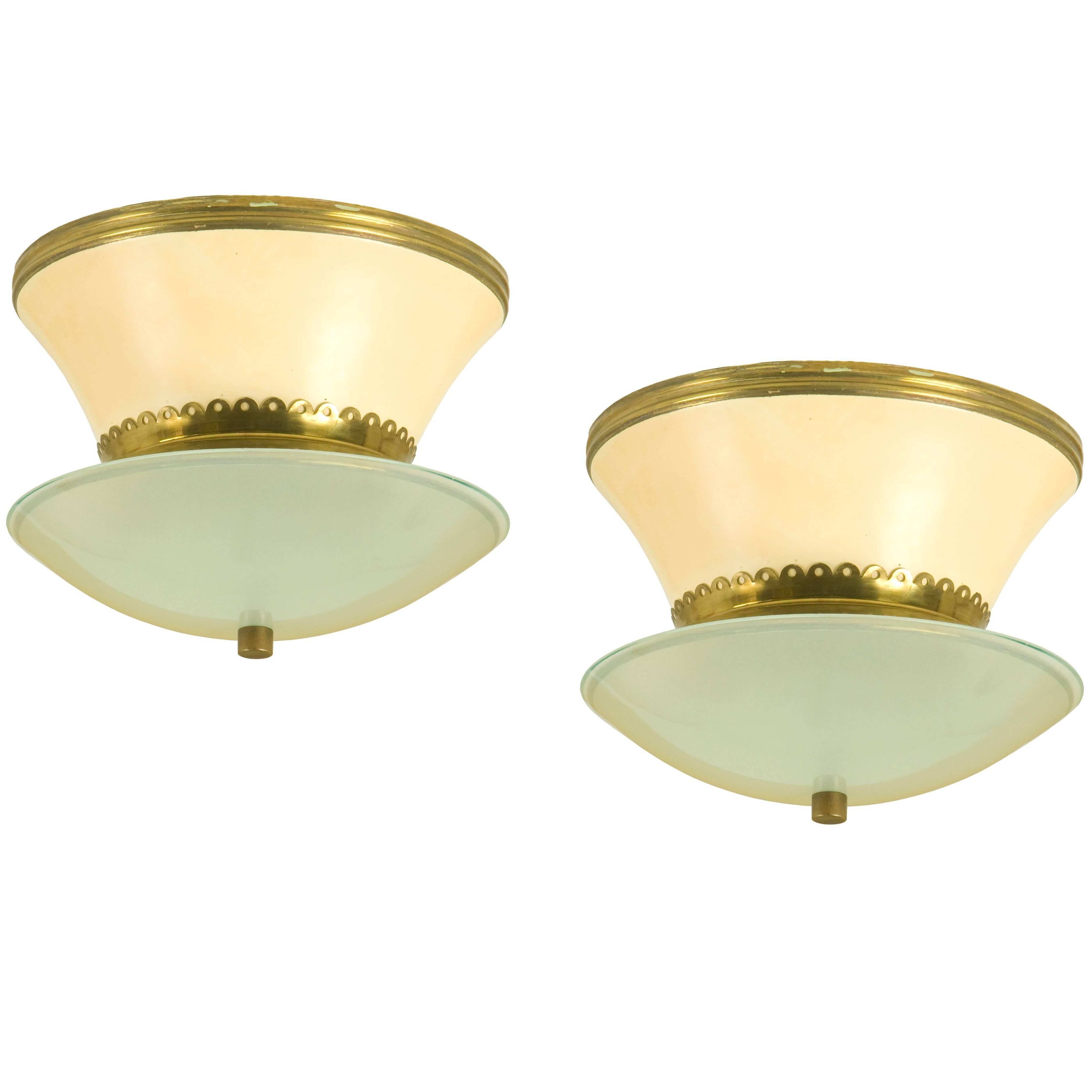 Pair of Italian Glass, Metal & Brass Ceiling Lamps by Stilnovo, 1940s