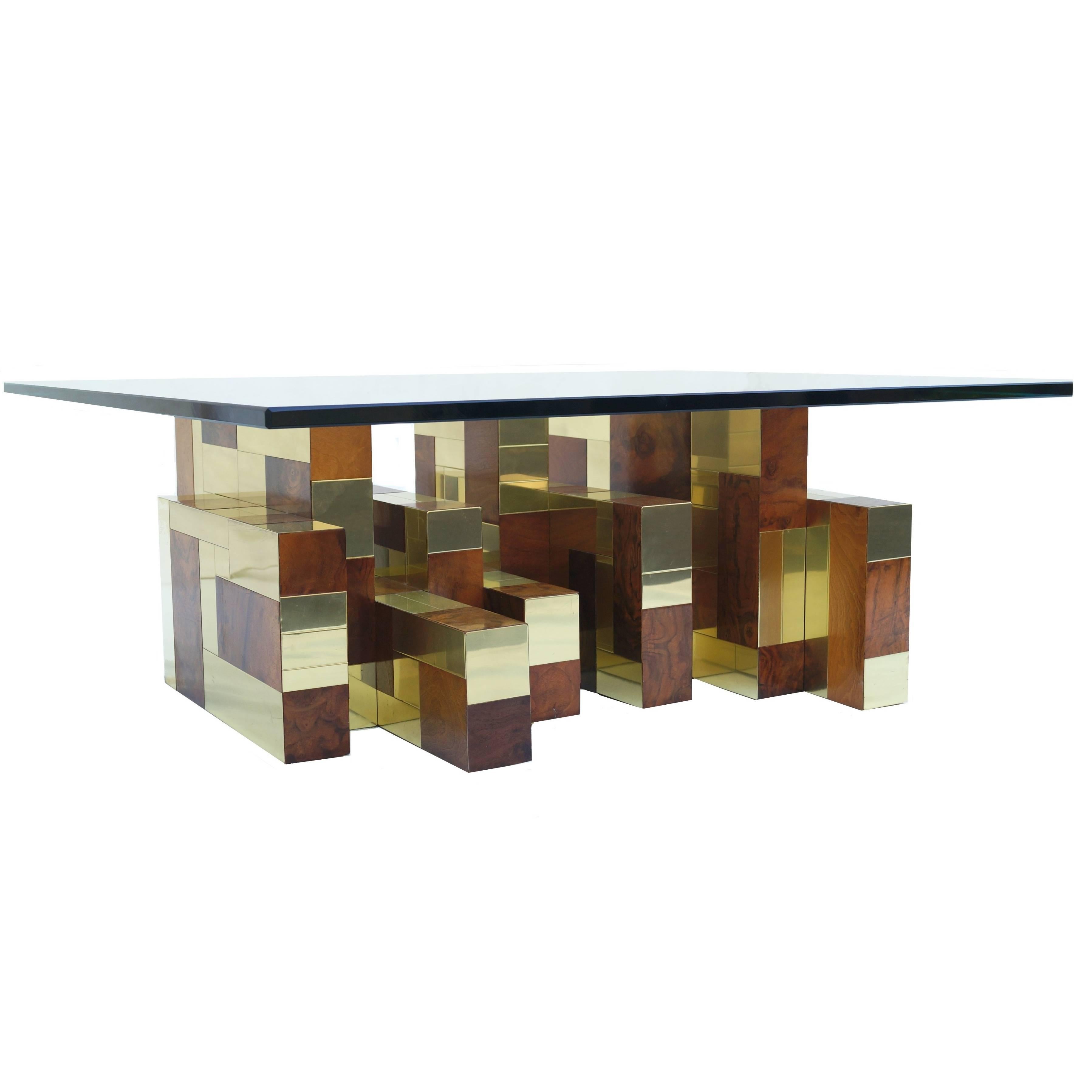 Paul Evans Cityscape Burl and Brass Coffee Cocktail Table Signed