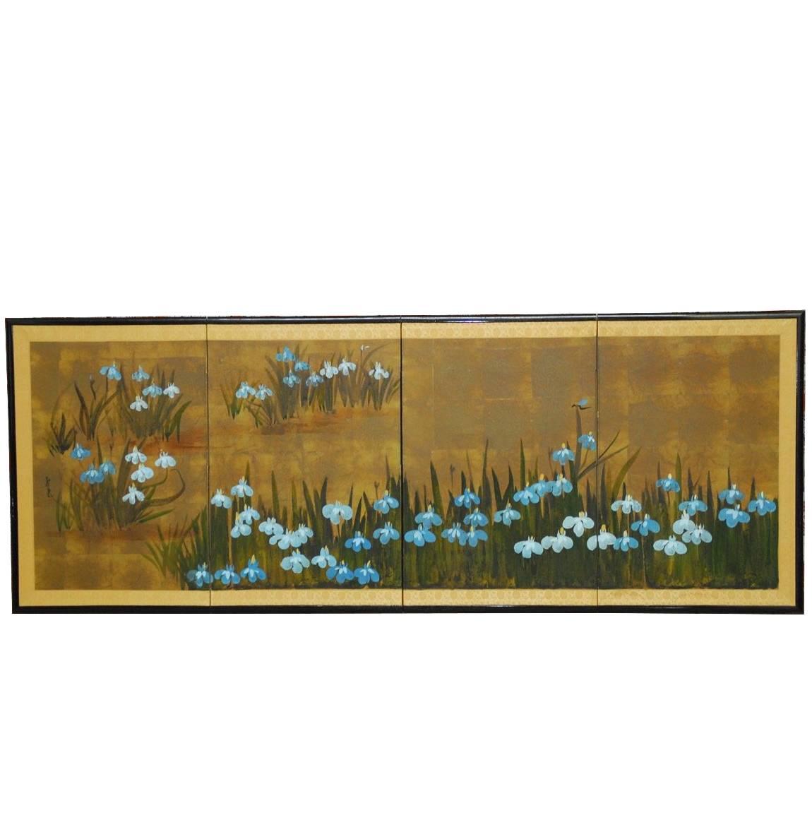 Japanese Four-Panel Byobu Screen of Irises on Gilt 