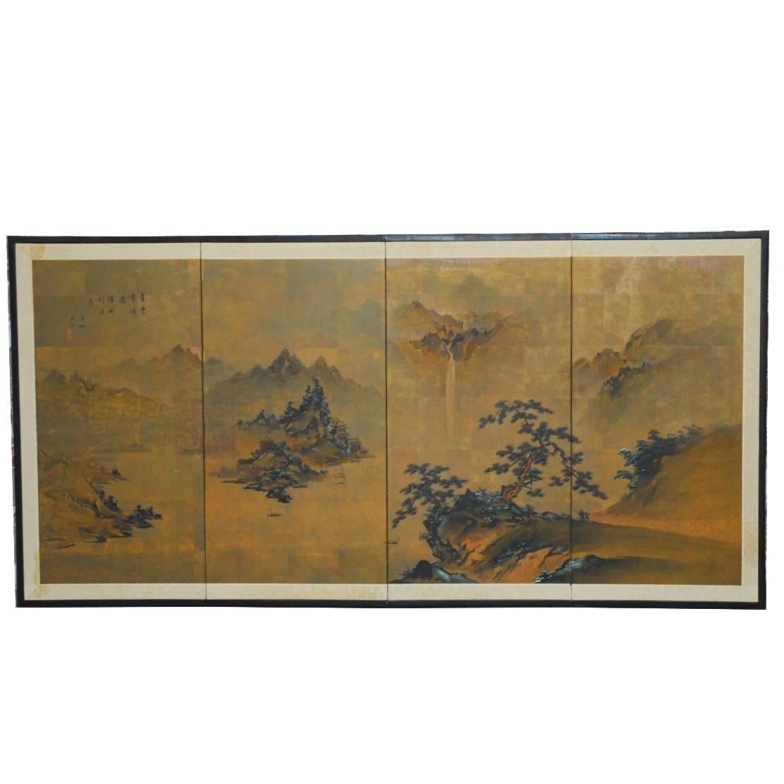 Japanese Four-Panel Painted Landscape Byobu Screen 