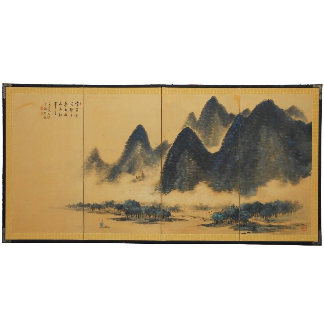 Japanese Four-Panel Blue Mountain Landscape Byobu Screen 
