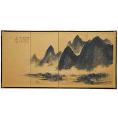 Japanese Four-Panel Blue Mountain Landscape Byobu Screen