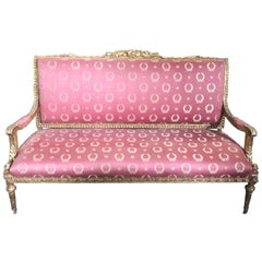 French Louis XVI Giltwood Settee Empire Silk Upholstery, 19th Century