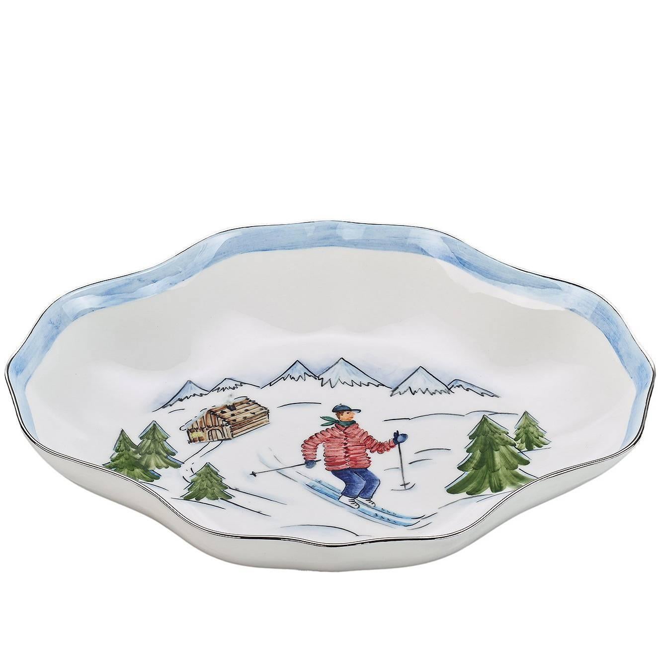 Modern Country German Style Hand-Painted Porcelain Dish with Skier Decor For Sale