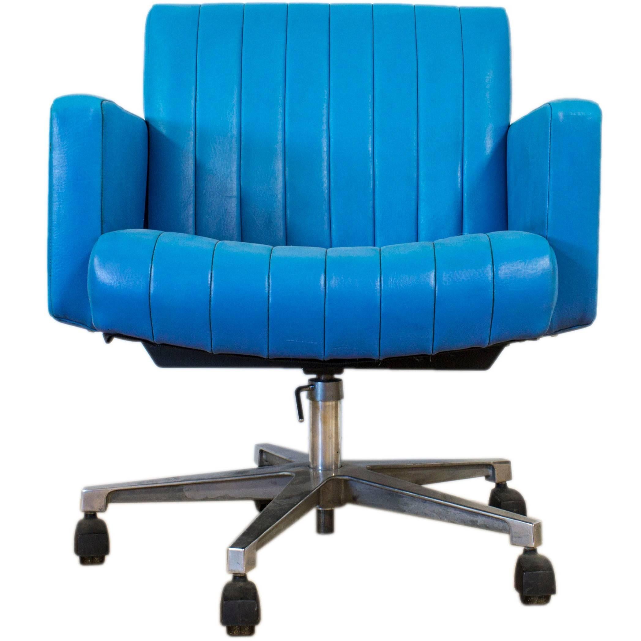 Turquoise Leather Swivel Armchair Desk Chair Retro G Plan Eames Era For Sale