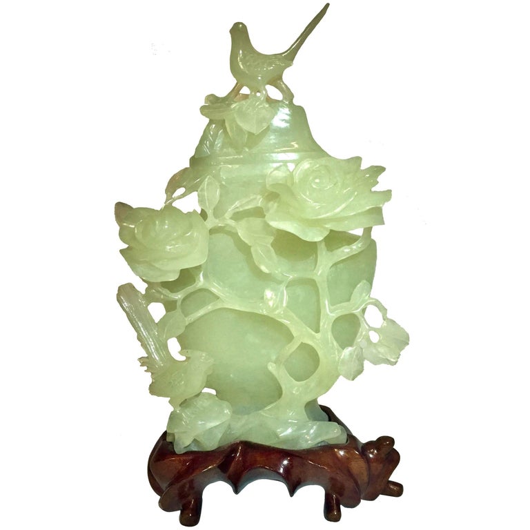 Jade Serpentine Vase with Birds and Roses at 1stDibs