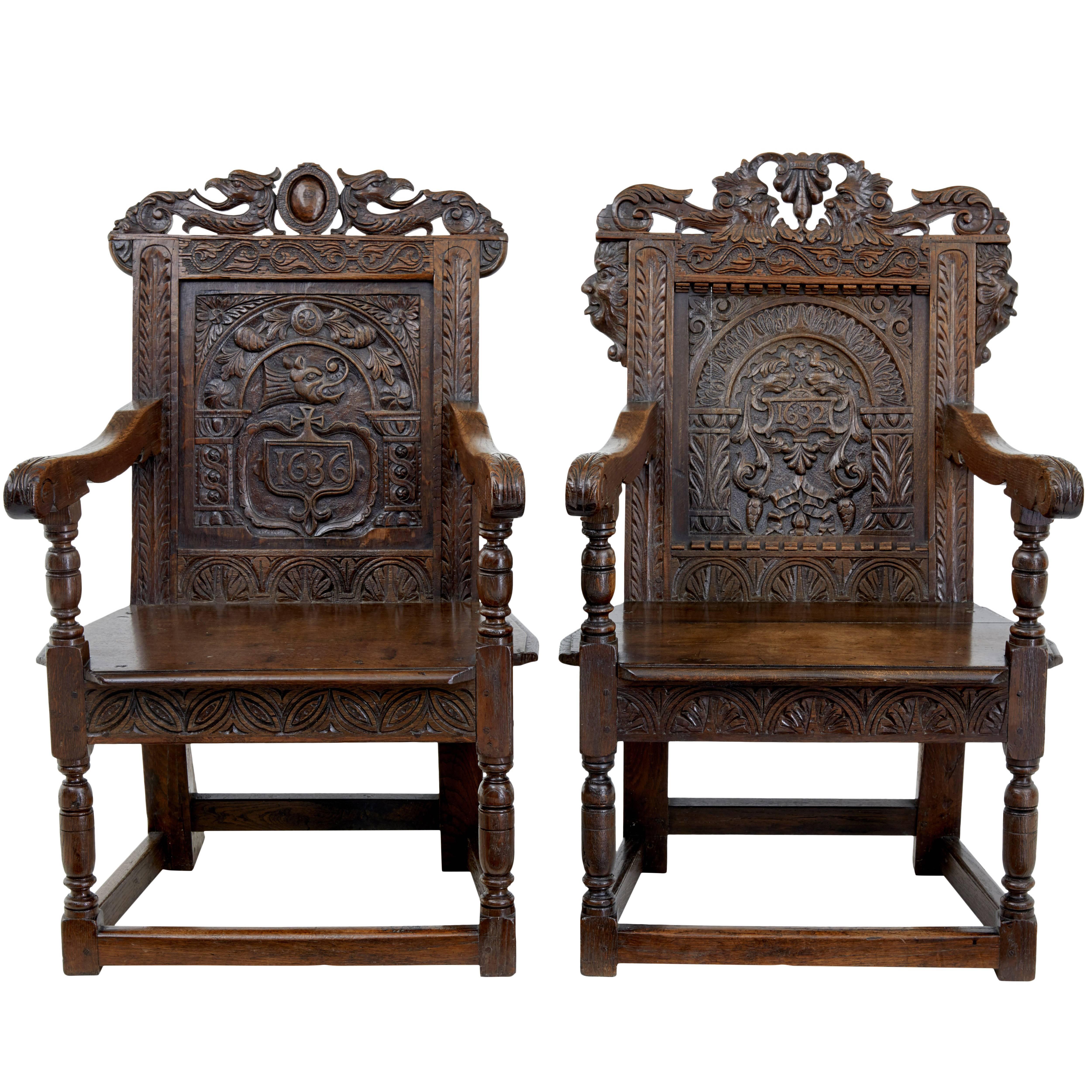 Near Pair of Stunning 19th Century Carved Oak Wainscot Chairs