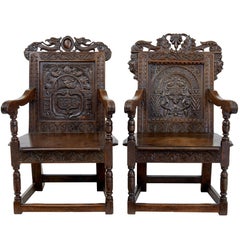 Antique Near Pair of Stunning 19th Century Carved Oak Wainscot Chairs