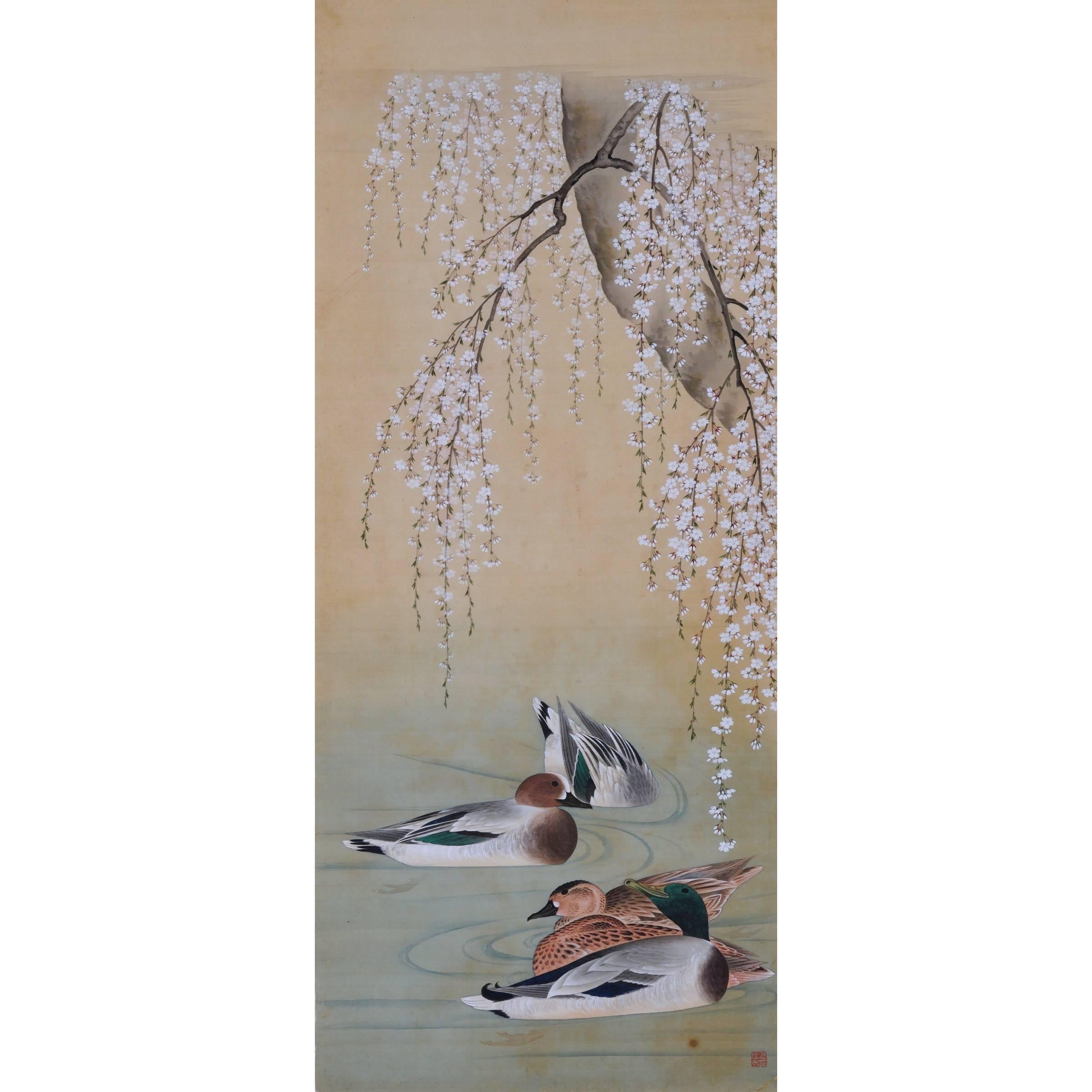 19th Century Japanese Bird and Flower Painting, Ducks and Cherry Blossoms