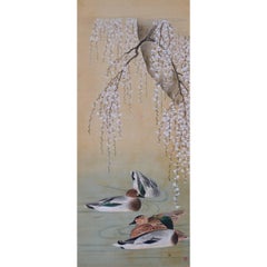 Antique 19th Century Japanese Bird and Flower Painting, Ducks and Cherry Blossoms