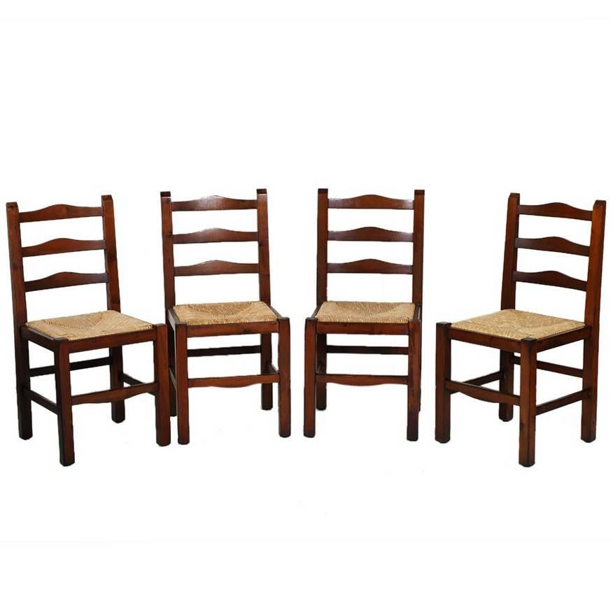 Mid-Century Modern Sturdy Country Rustic Chairs Chestnut Polished to Wax, Straw For Sale