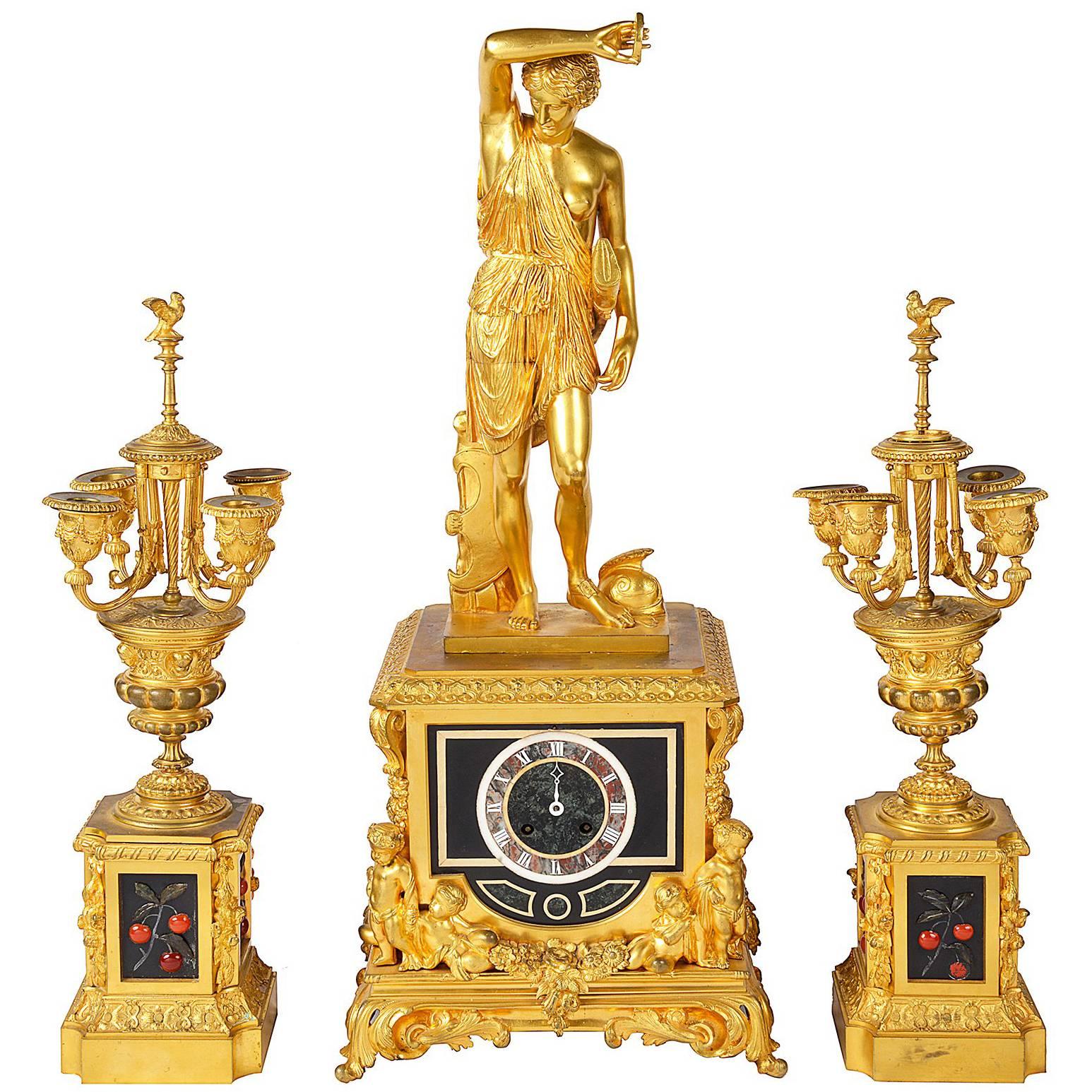 19th Century French Clock Set, with Pietra Dura Panels For Sale